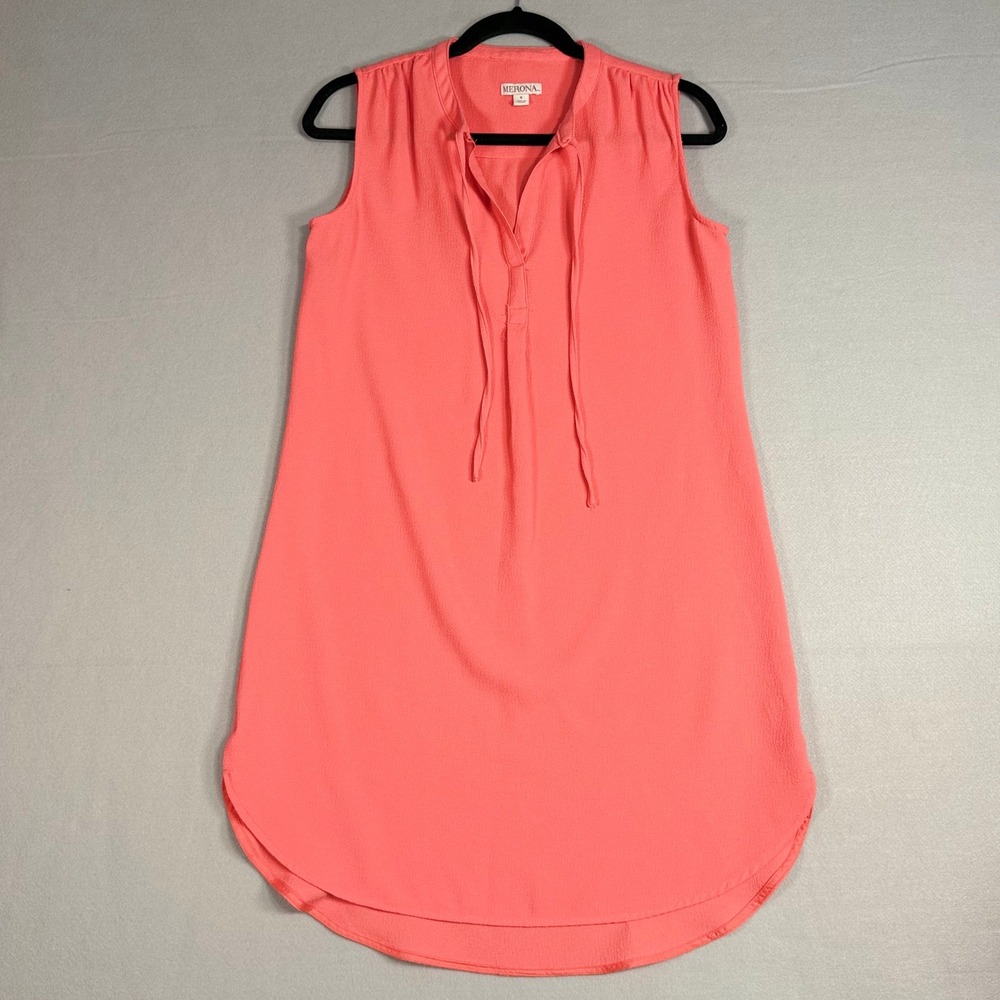 Merona Shift Dress Small Coral Pink Sleeveless Tie Neck High Low Hem Mini‎